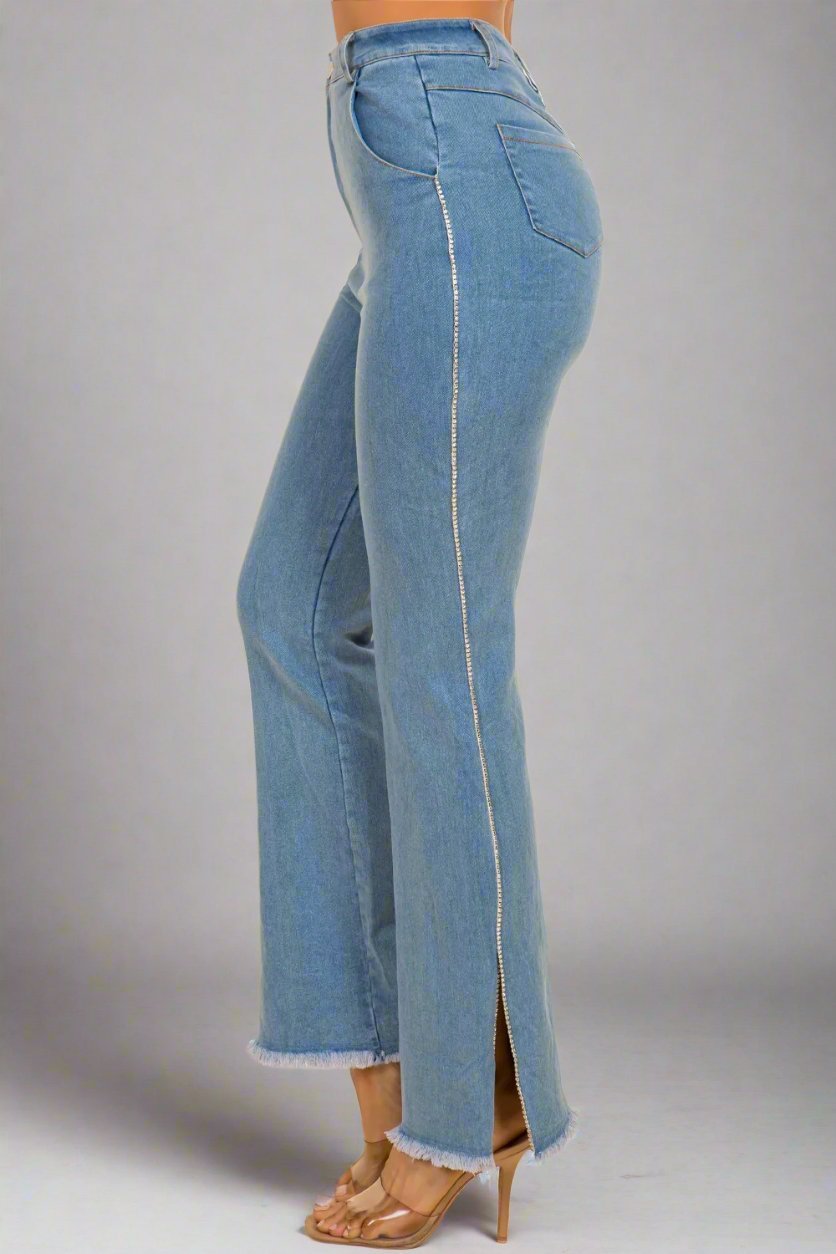 Tamera Rhinestone Trim Side Slit Stretch Denim Pants