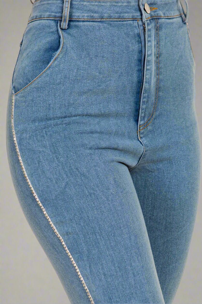Tamera Rhinestone Trim Side Slit Stretch Denim Pants